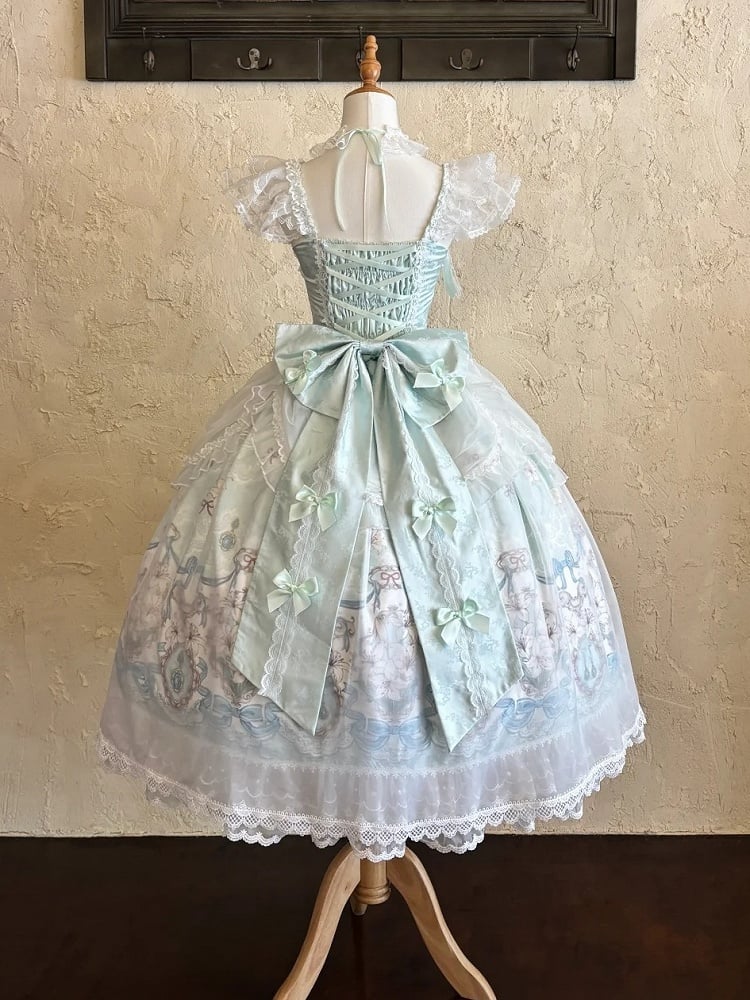 Mint Green Lolita JSK Gown with Lily Print and Tulle Overlay - White Sugar Girl