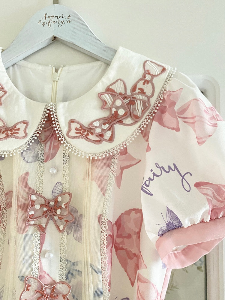 Pink Bowknot Peter Pan Collar Lolita Dress Bows and Butterfly Print One Piece