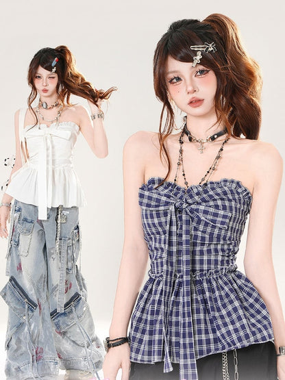 Big Bow Neckline White/Blue Strapless Top Plaid
