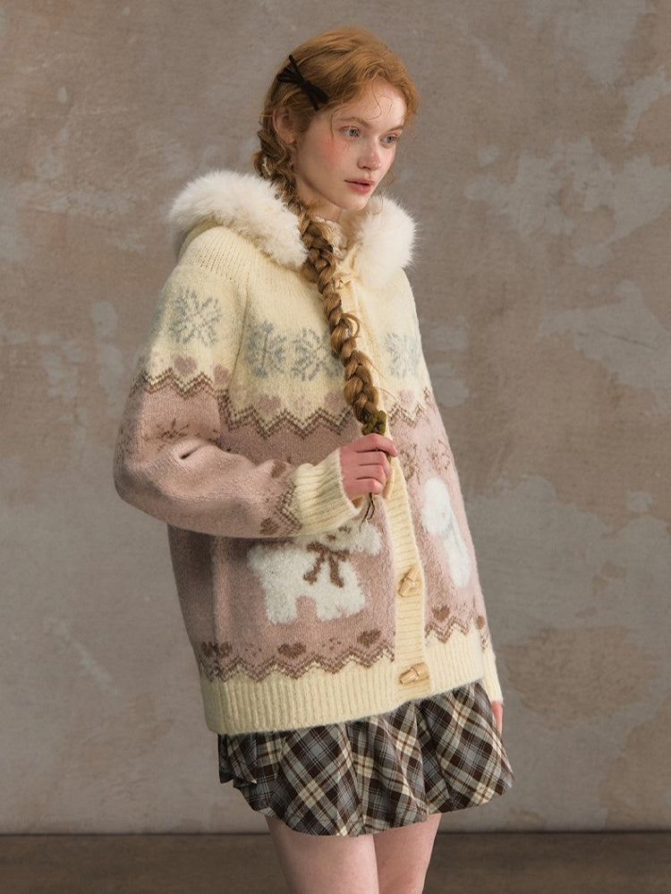Collar Detachable Mohair Cozy Pink/Brown Fur Hooded Cardigan with Knit