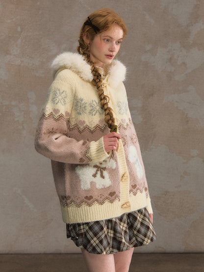 Collar Detachable Mohair Cozy Pink/Brown Fur Hooded Cardigan with Knit