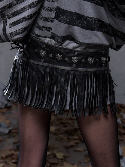 with Crisscross Studded Waist Vintage Black Fringe PU Belt Lacing Punk