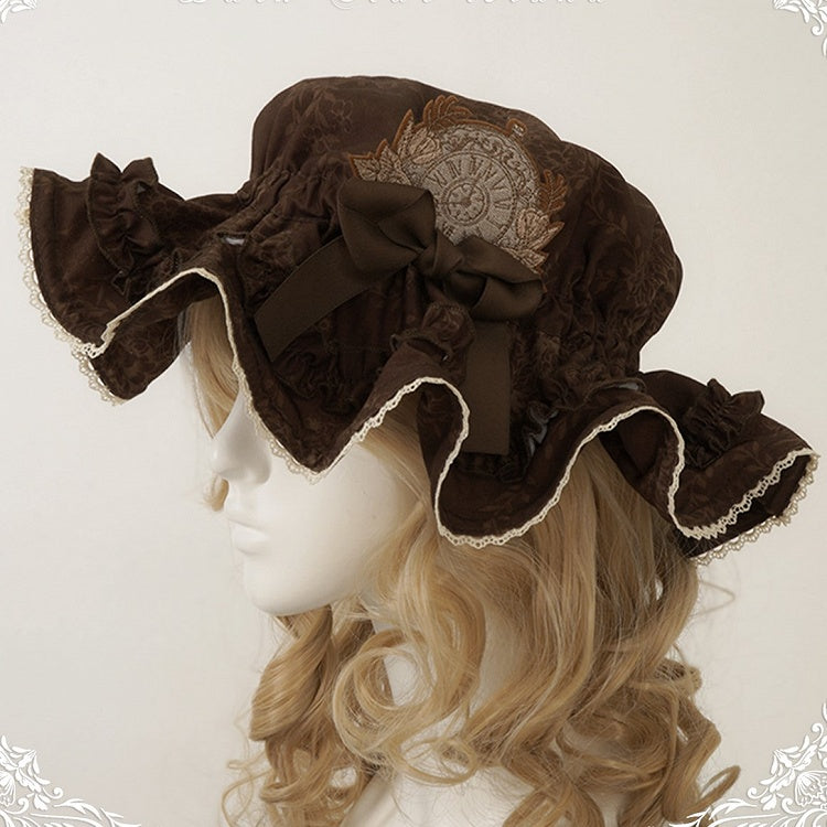 Lolita Floral with Blue/Brown/White/Light Ruffled Hat Brown Pattern Bow