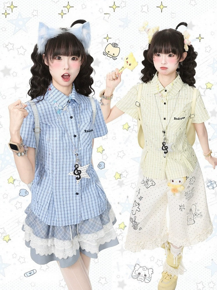Yellow Plaid Short-Sleeve Shirt with Star Print and Necklace - Languid Park