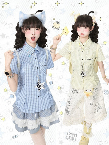 Yellow Plaid Short-Sleeve Shirt with Star Print and Necklace - Languid Park