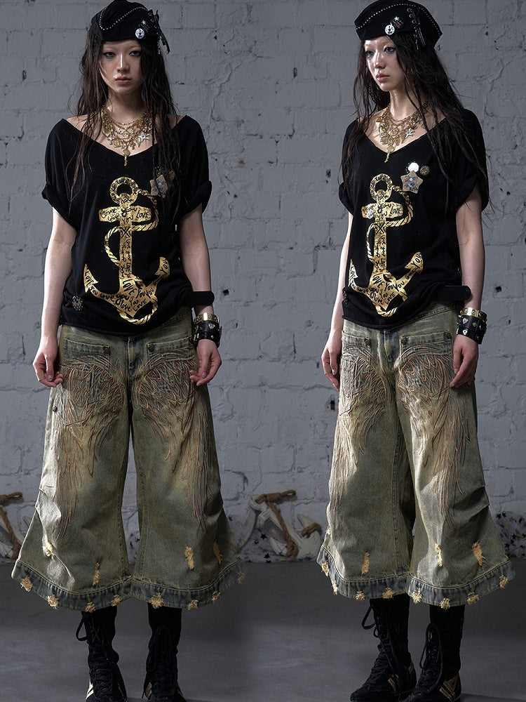 Angel Blau/Gelb Faded Wash Distressed Holes