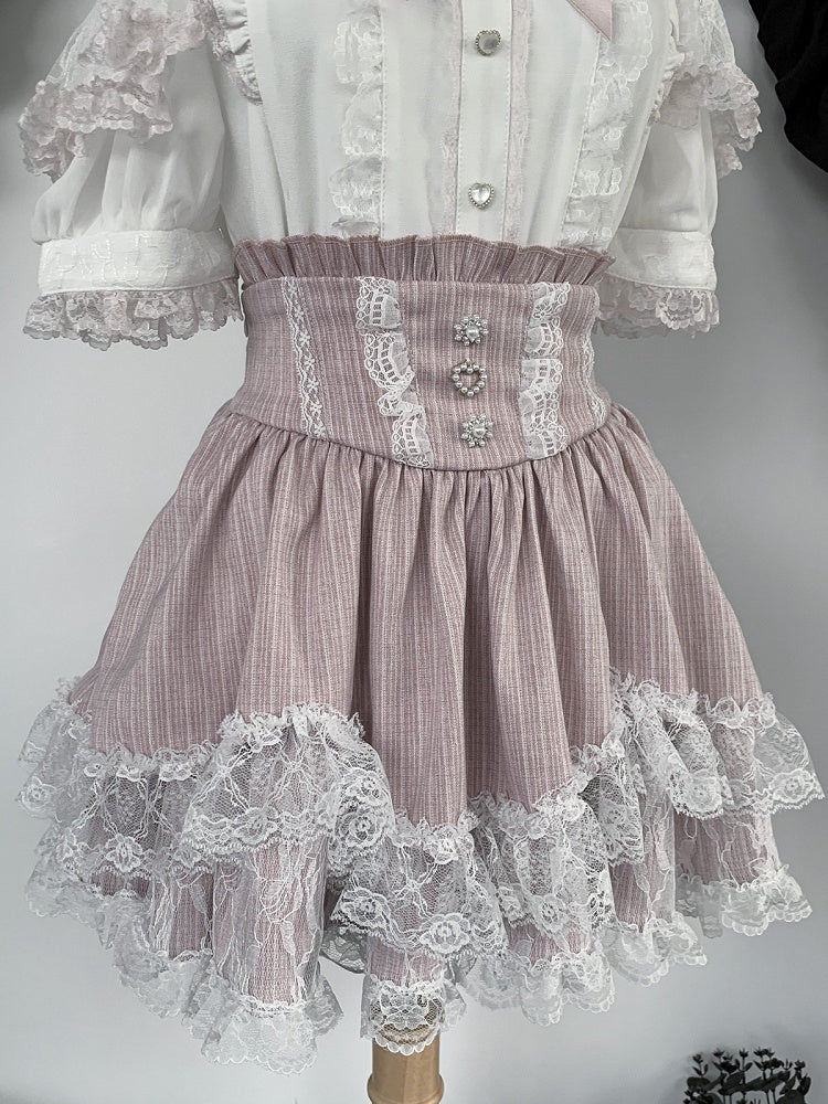 Pink Landmine Style Lace Trim High-Waist Skirt - Virtual Paradise