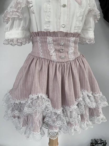 Pink Landmine Style Lace Trim High-Waist Skirt - Virtual Paradise