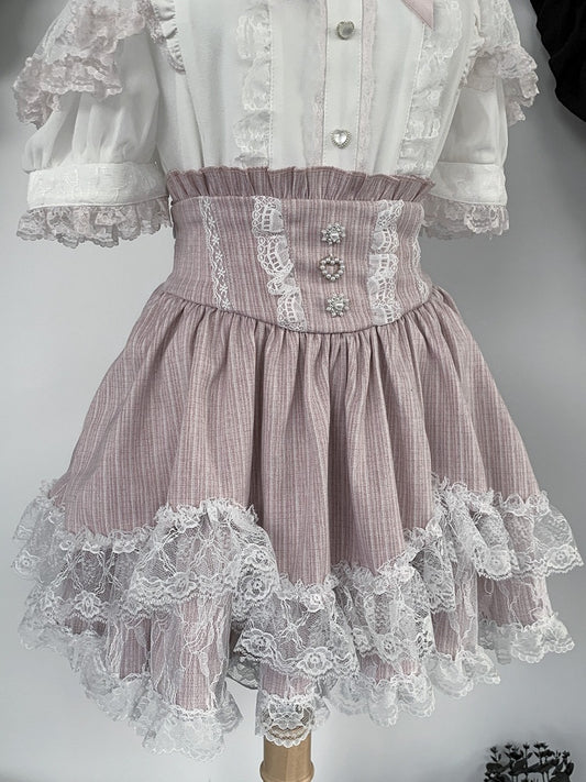 Pink Landmine Style Lace Trim High-Waist Skirt - Virtual Paradise