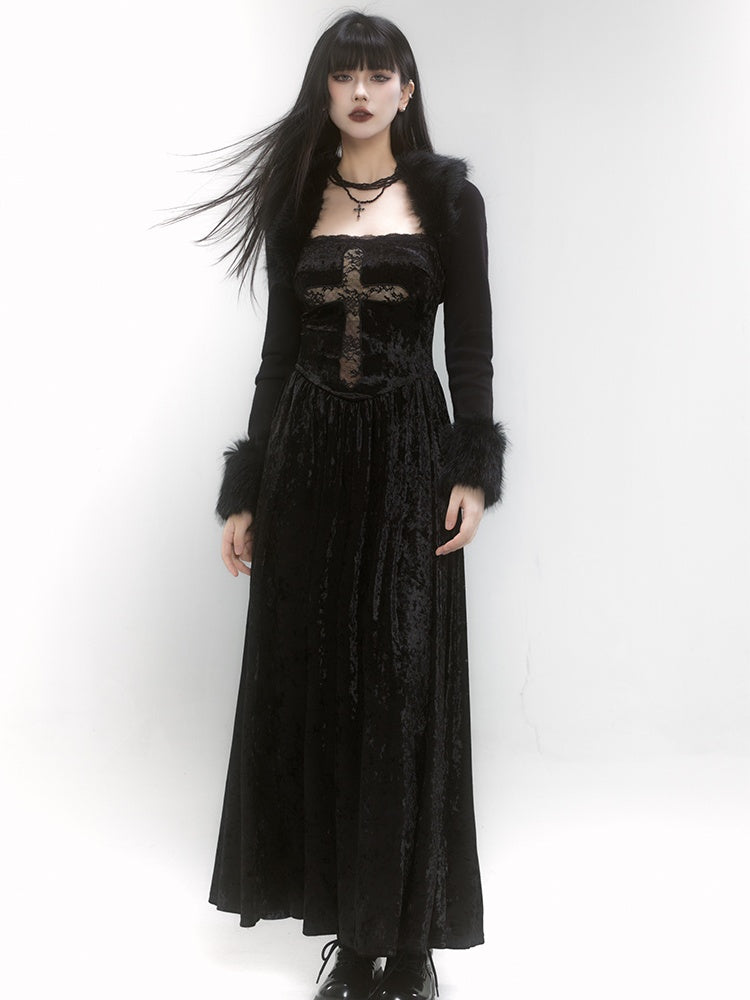 Gothic Black Velvet Square Neckline Lace Cross Dress