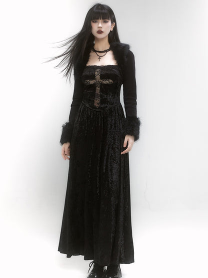 Gothic Black Velvet Square Neckline Lace Cross Dress