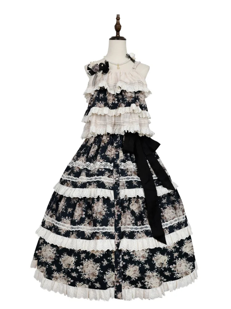 Black Rosette Print and Top Cami Tiered Beige