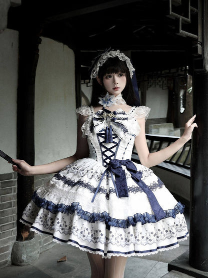 Blue and White Porcelain Corset Waist Lolita JSK Dress with Tassel Bows - Miss Han