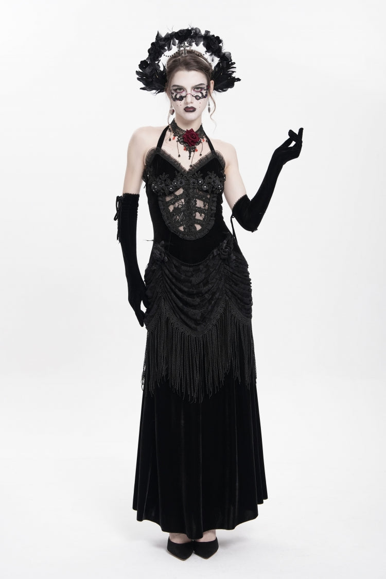 Black Hollow Floral Embroidery Lace-Up Pleated Maxi Dress