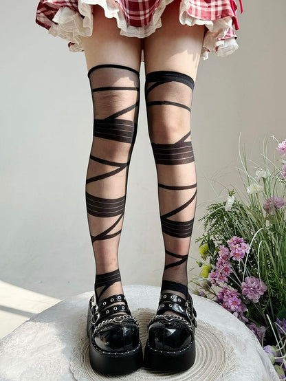 Black/White Striped Pattern Over Knee Stockings