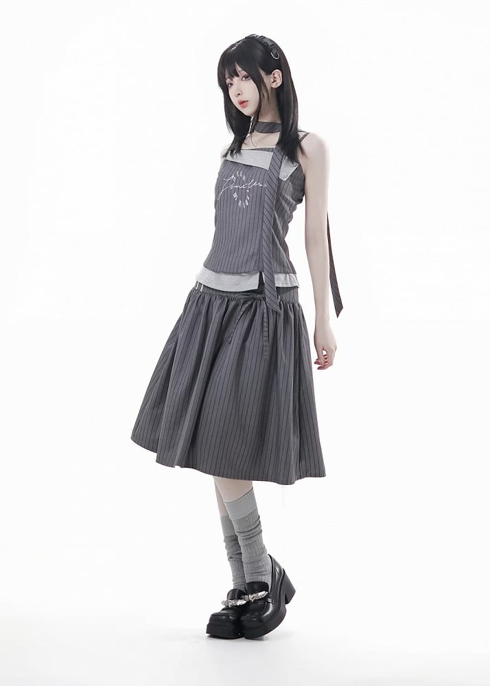 Detachable Dark Preppy Light Gray Faux Scarf with Two-Piece | Stripe Camisole