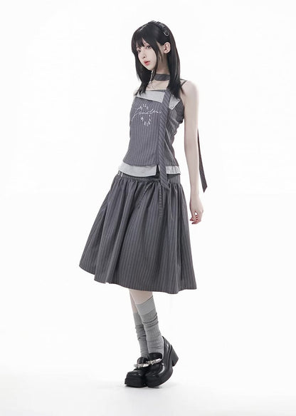 Detachable Dark Preppy Light Gray Faux Scarf with Two-Piece | Stripe Camisole