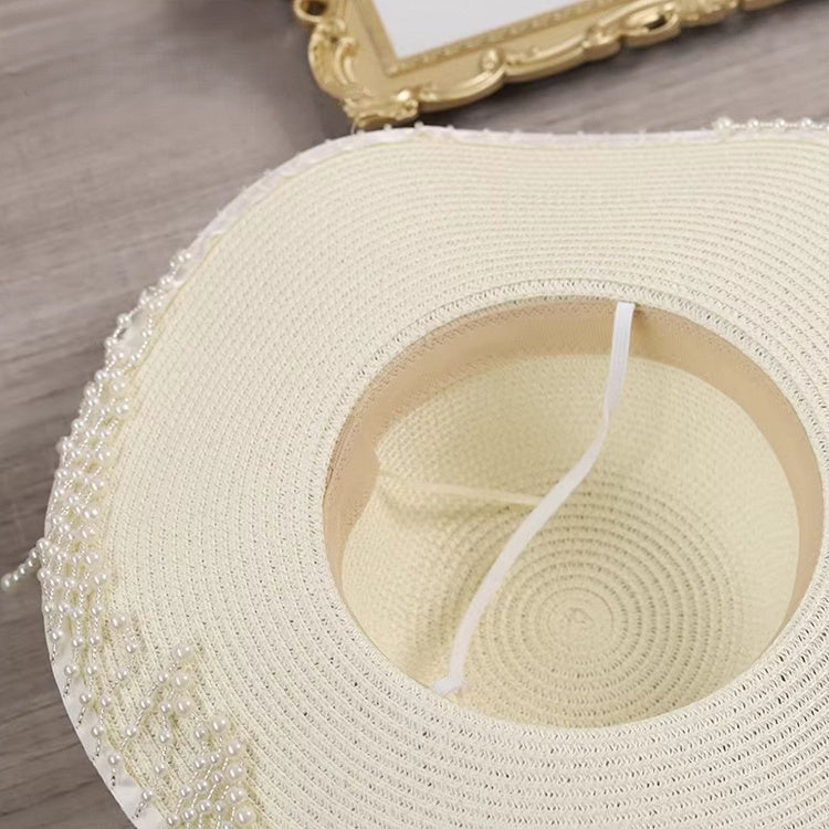 Beige Wide-Brim Pearl Straw Hat Vintage Tassel Lolita