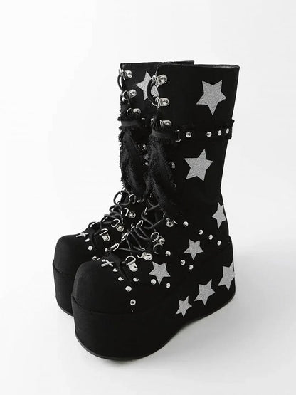 Font Shining Heels Gyaru Chunky Boots Star Plateau Schwarz Schnürung Wadenlang