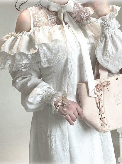 Cutout with Bow Lace Ruffled Shoulder Dress Rose Jirai and Jacquard White Long-Sleeve Kei