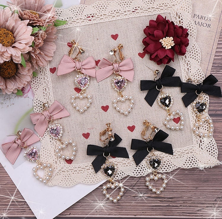 Kei Jirai Earrings Heart Rhinestone Bowknot