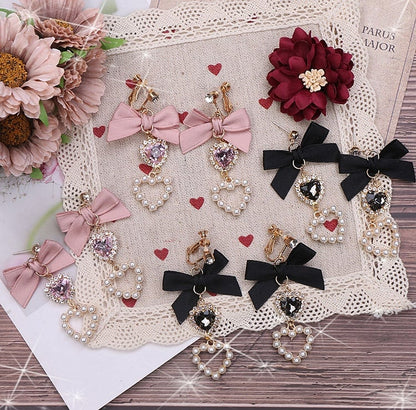 Kei Jirai Earrings Heart Rhinestone Bowknot