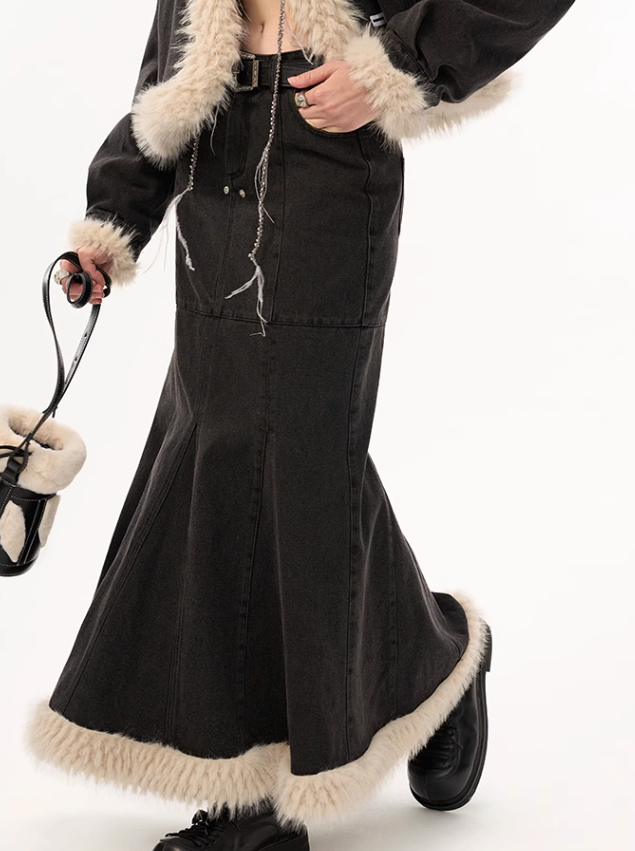 Mermaid Long Denim Fur Skirt