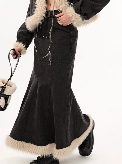 Mermaid Long Denim Fur Skirt