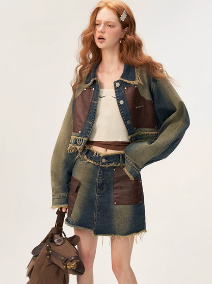 Denim Osh Jacke Denim + Rock Patchwork Leder Short Retro