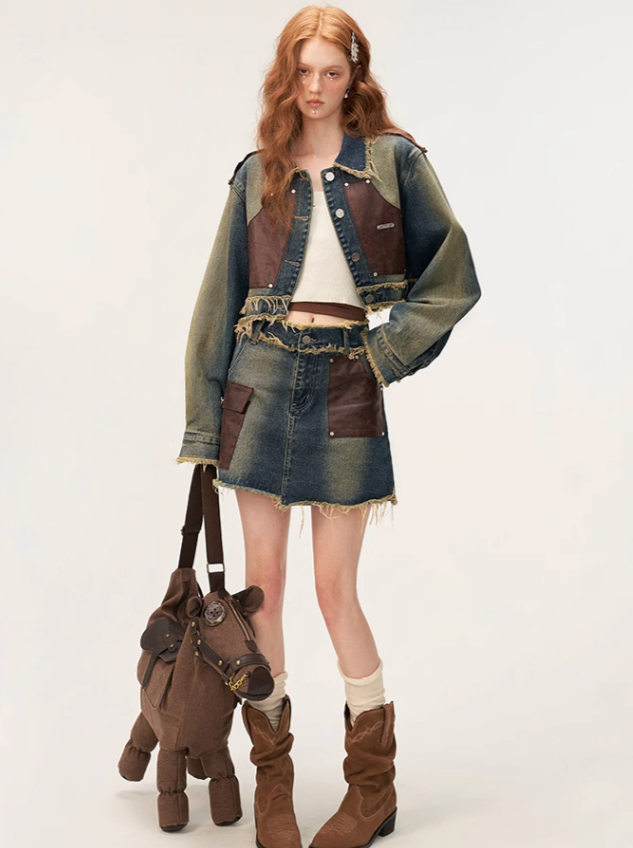 Denim Osh Jacke Denim + Rock Patchwork Leder Short Retro