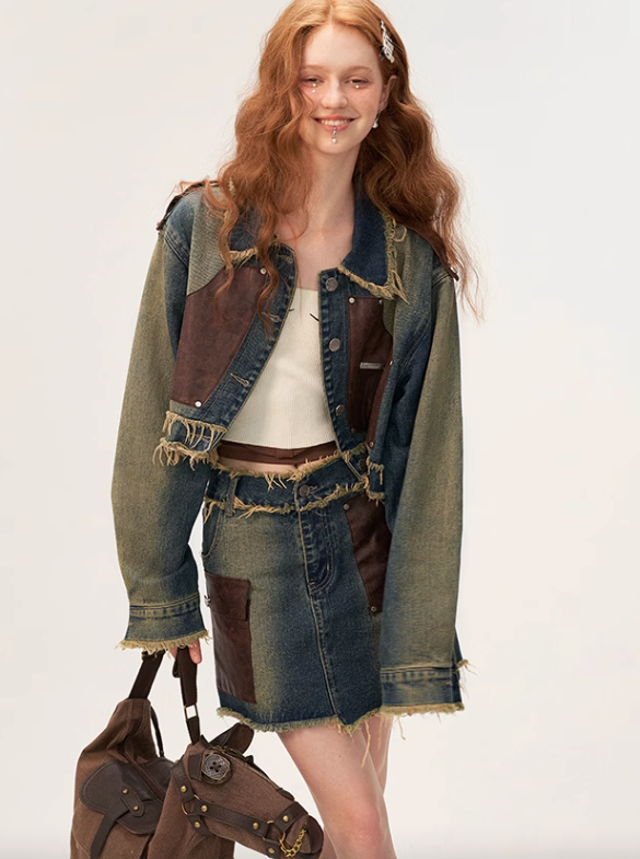 Denim Osh Jacke Denim + Rock Patchwork Leder Short Retro