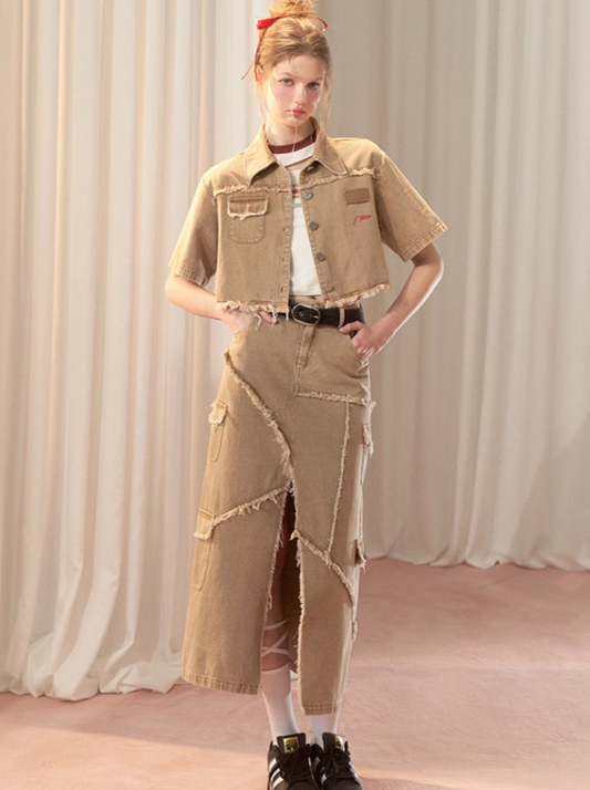 アメリカンスリットスカート + ダメージロングショートトップス