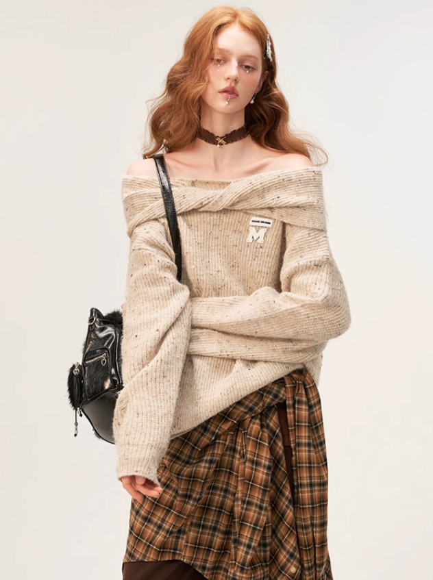 オフショルダーニット ルーズダメージ