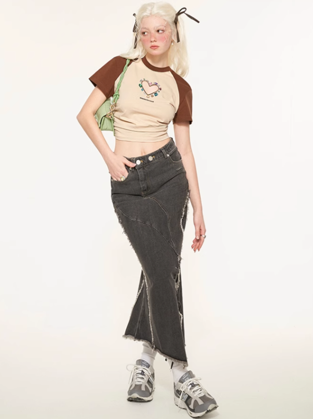 Schlitz Asymmetrischer Damaged Rock Denim Retro