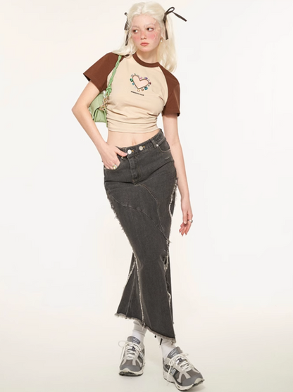 Schlitz Asymmetrischer Damaged Rock Denim Retro