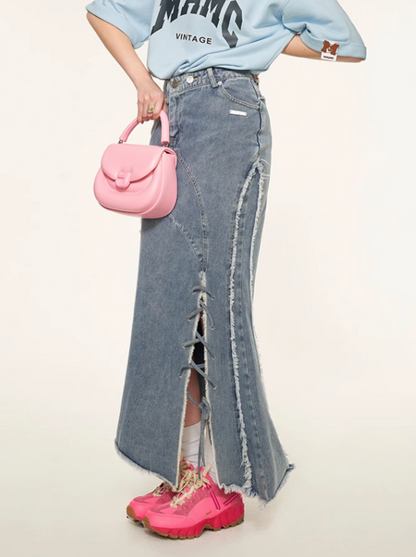 Schlitz Asymmetrischer Damaged Rock Denim Retro