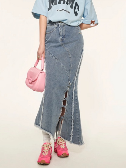 Schlitz Asymmetrischer Damaged Rock Denim Retro