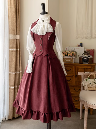 Vest Retro Colored Classical + Long Flared Blouse Skirt