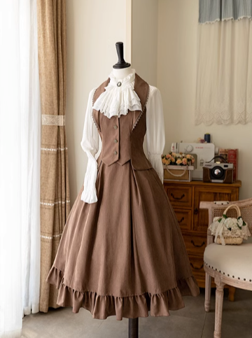 Vest Retro Colored Classical + Long Flared Blouse Skirt