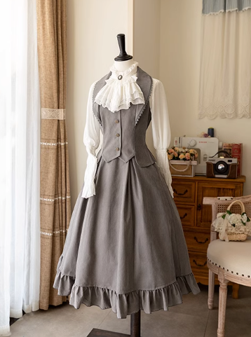 Vest Retro Colored Classical + Long Flared Blouse Skirt