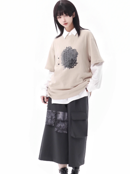 Schnürung + Ärmel + Top Rock Hose Beige Unregelmäßig Weit