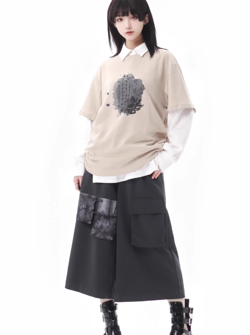 Schnürung + Ärmel + Top Rock Hose Beige Unregelmäßig Weit