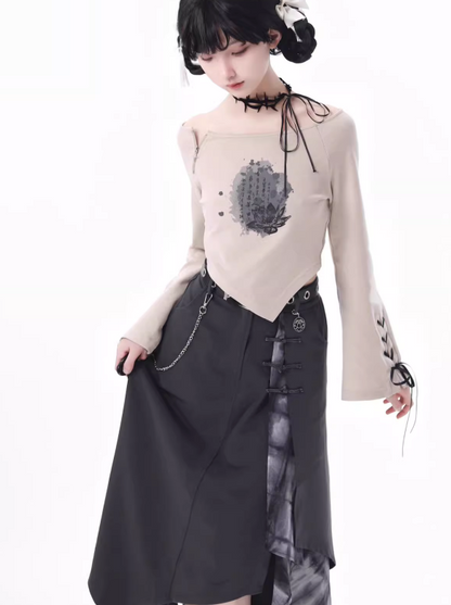 Schnürung + Ärmel + Top Rock Hose Beige Unregelmäßig Weit