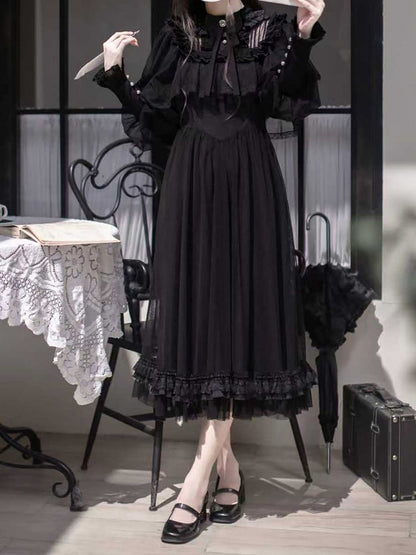 Dot All-Black Dress Cape Kuro Lolita with Dark Elegant Design Tulle