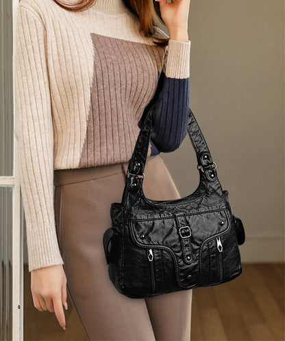 Schultertasche aus Leder mit Kapazität, neu, schwarz, groß, Kalbsleder, 2025