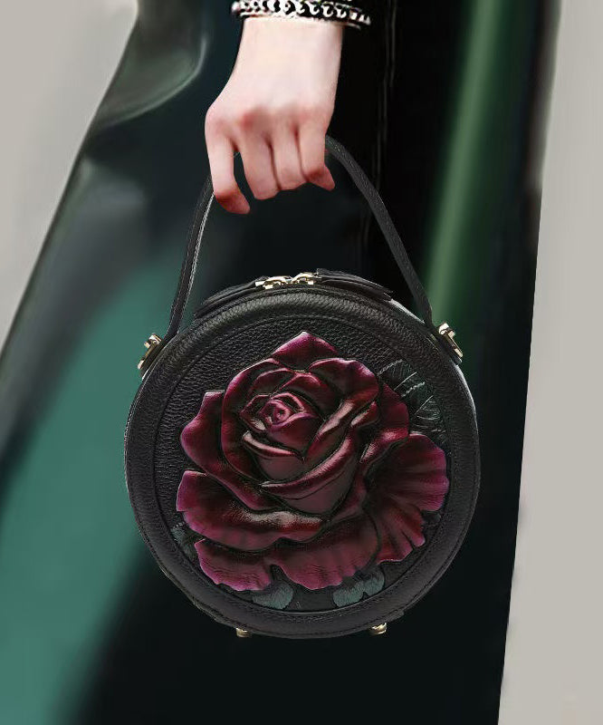 Lila geprägte ethnische Tasche im neuen Stil mit Pfingstrosen, rund 2025