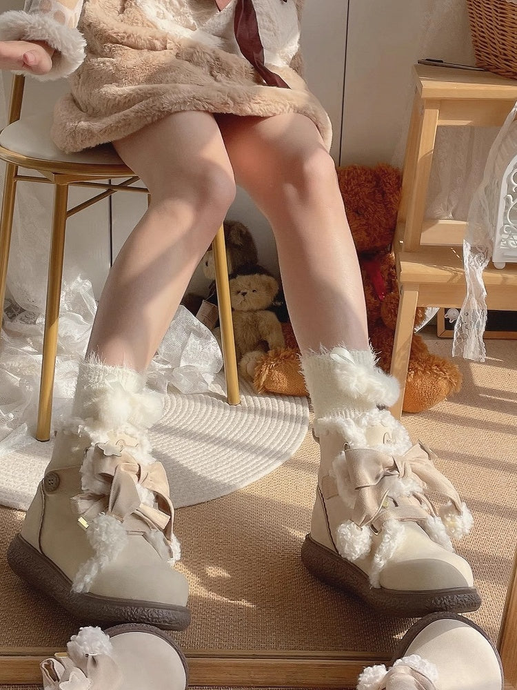 - Apricot Pompom 5.5cm Platform Fastening Lolita Bow Sweet Beige with Lining Ankle Boots Dual Plush