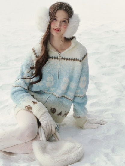 Sweater BlueWhite Pattern with Snowman Details Kawaii