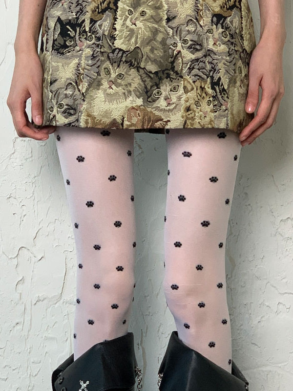 Cat Paw Tights Print Y2K White