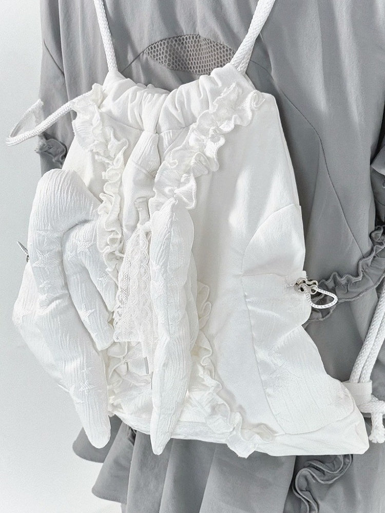 Wing Drawstring Shoulder Bag with Ruffle - PICKYBONE
